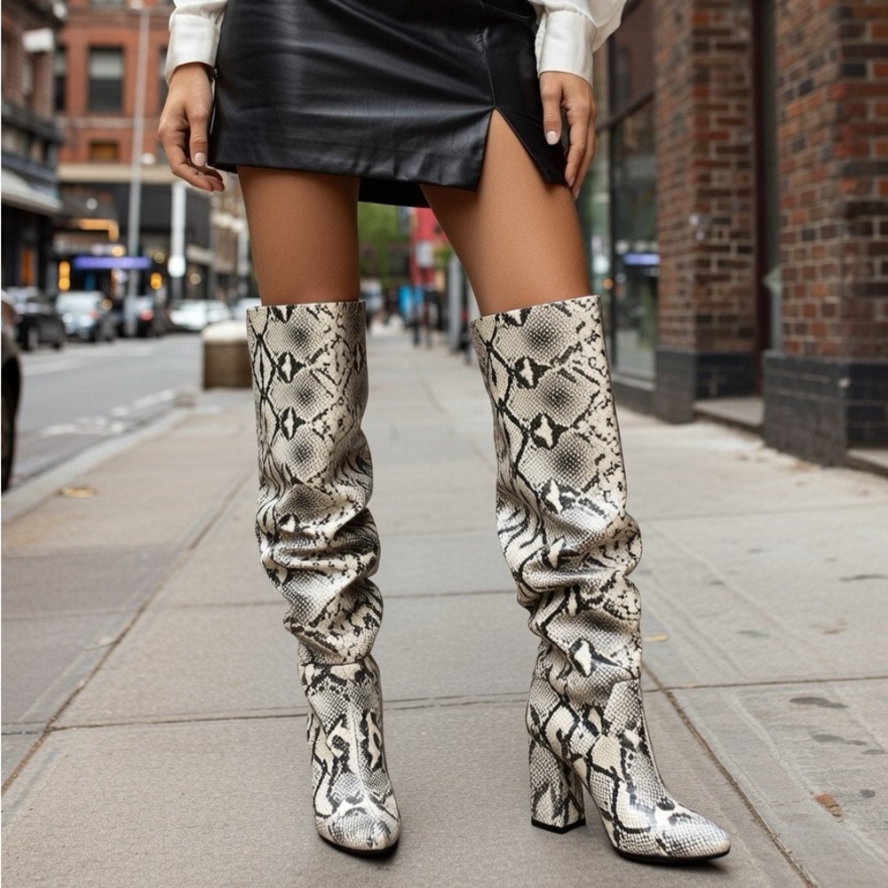 SEVEN DIALS Snake Print Slouch Adelyn Round Toe Boot Heel- Black and Cream